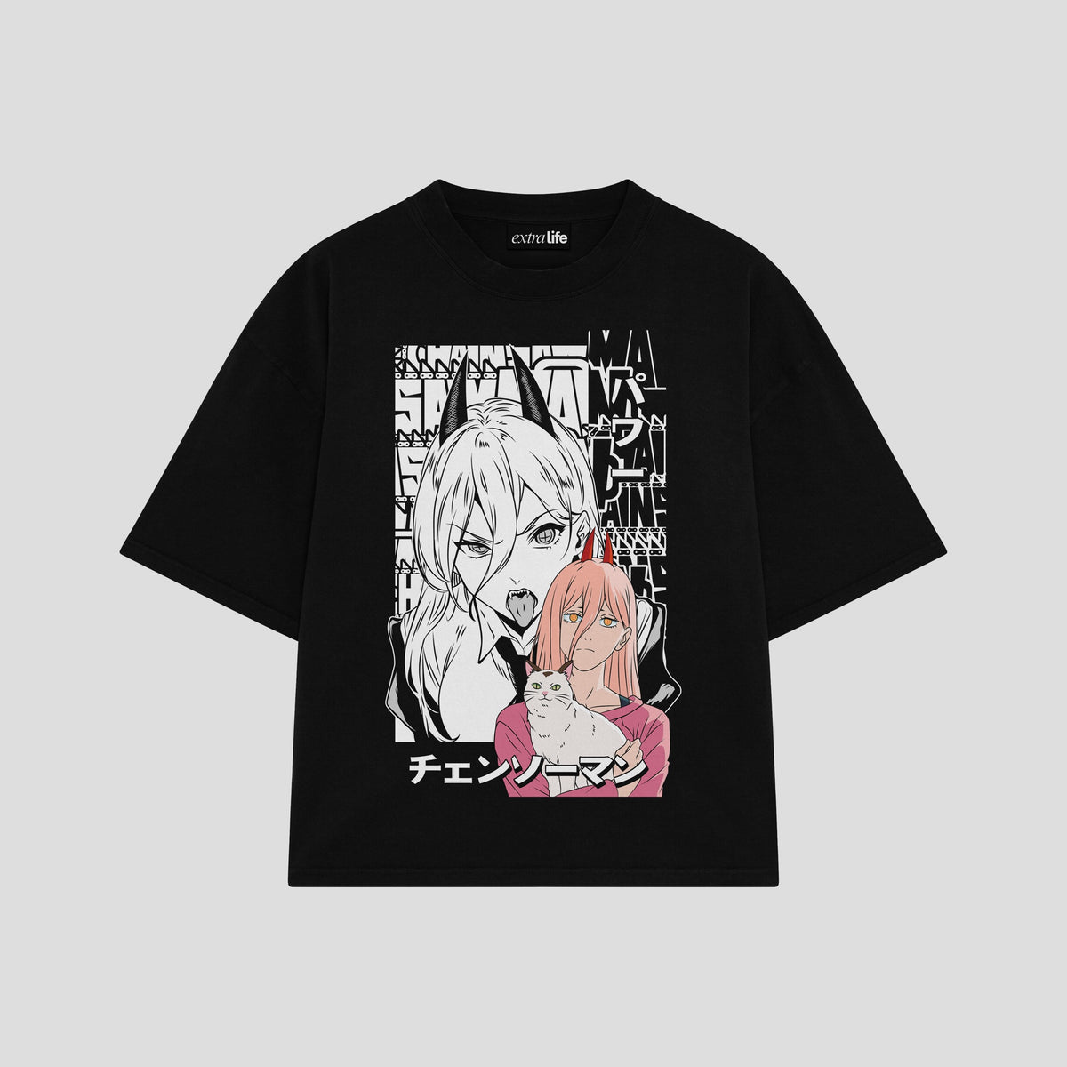 Playera streetwear premium de anime y gaming ExtraLife MX, corte oversized drop shoulder ligero y fresco en color Deep Black y Off-White, moda urbana mexicana de culto.