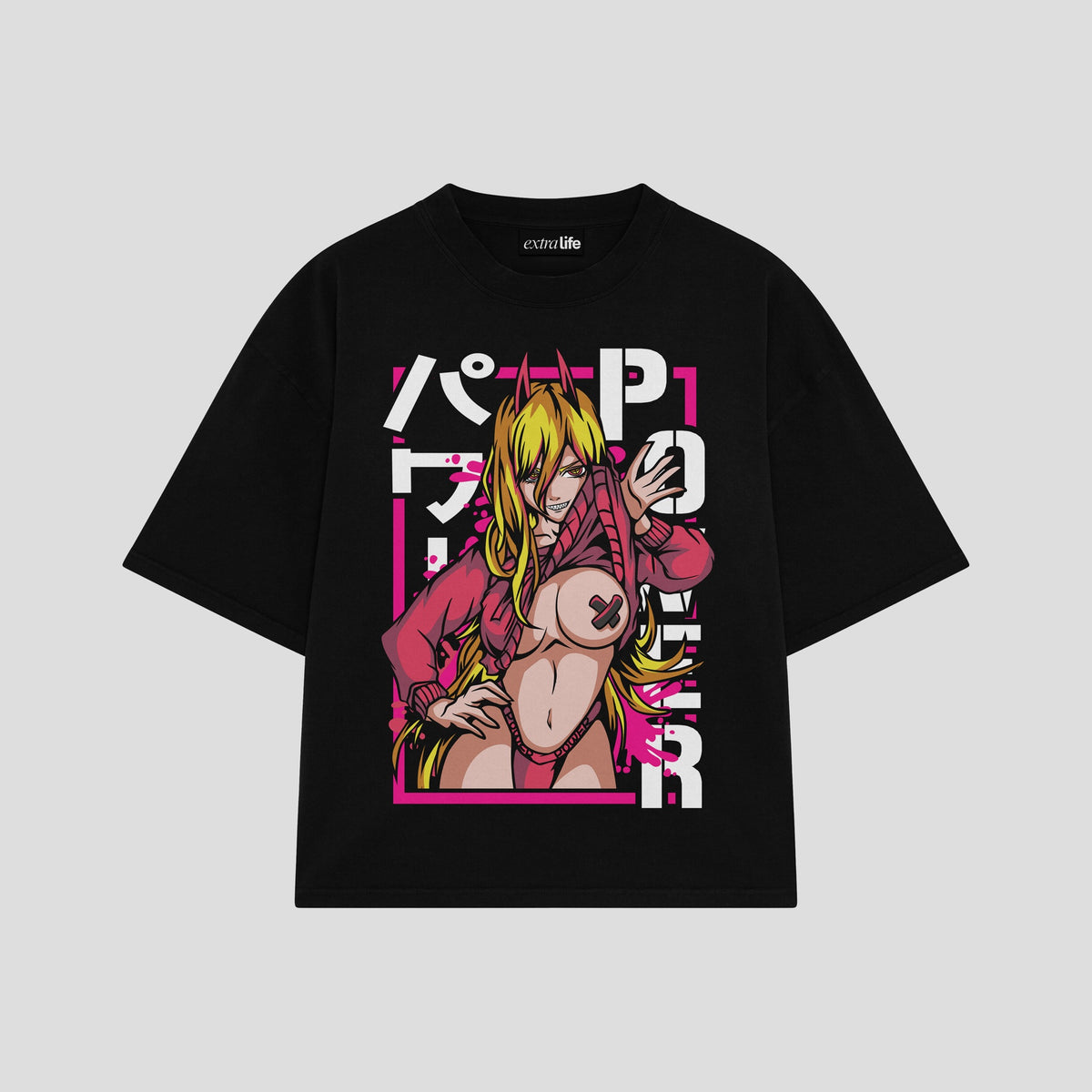 Playera streetwear premium de anime y gaming ExtraLife MX, corte oversized drop shoulder ligero y fresco en color Deep Black y Off-White, moda urbana mexicana de culto.