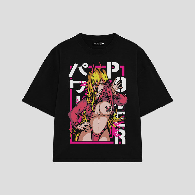 Playera streetwear premium de anime y gaming ExtraLife MX, corte boxy oversized drop shoulder heavyweight en color Deep Black y Off-White, moda urbana mexicana de culto.