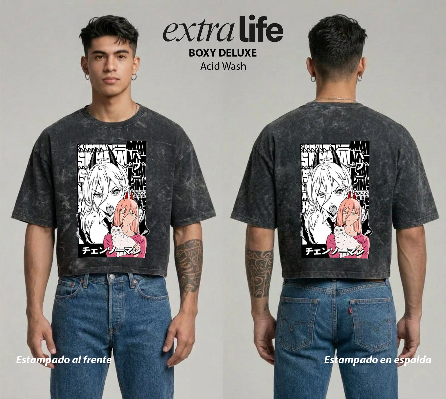Playera streetwear premium de anime y gaming ExtraLife MX, corte boxy deluxe mineral wash heavyweight en color Acid Wash, moda urbana mexicana de culto.