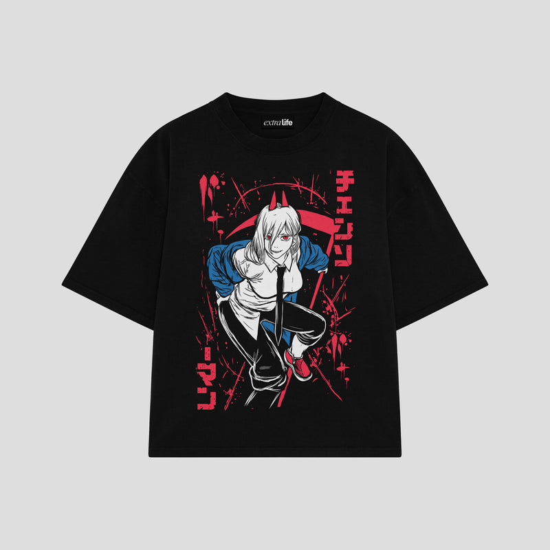 Playera streetwear premium de anime y gaming ExtraLife MX, corte boxy oversized drop shoulder heavyweight en color Deep Black y Off-White, moda urbana mexicana de culto.