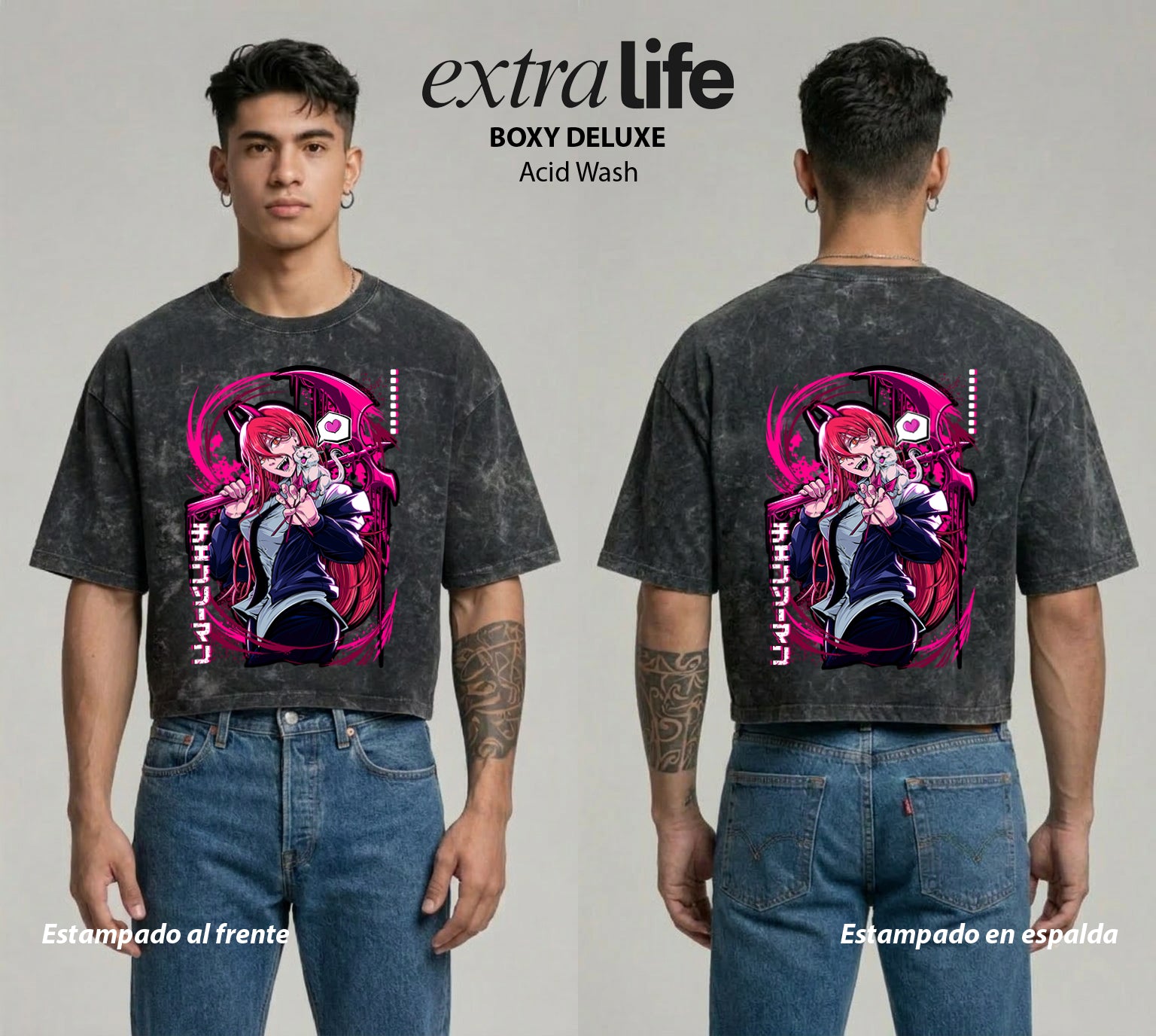Playera streetwear premium de anime y gaming ExtraLife MX, corte boxy deluxe mineral wash heavyweight en color Acid Wash, moda urbana mexicana de culto.