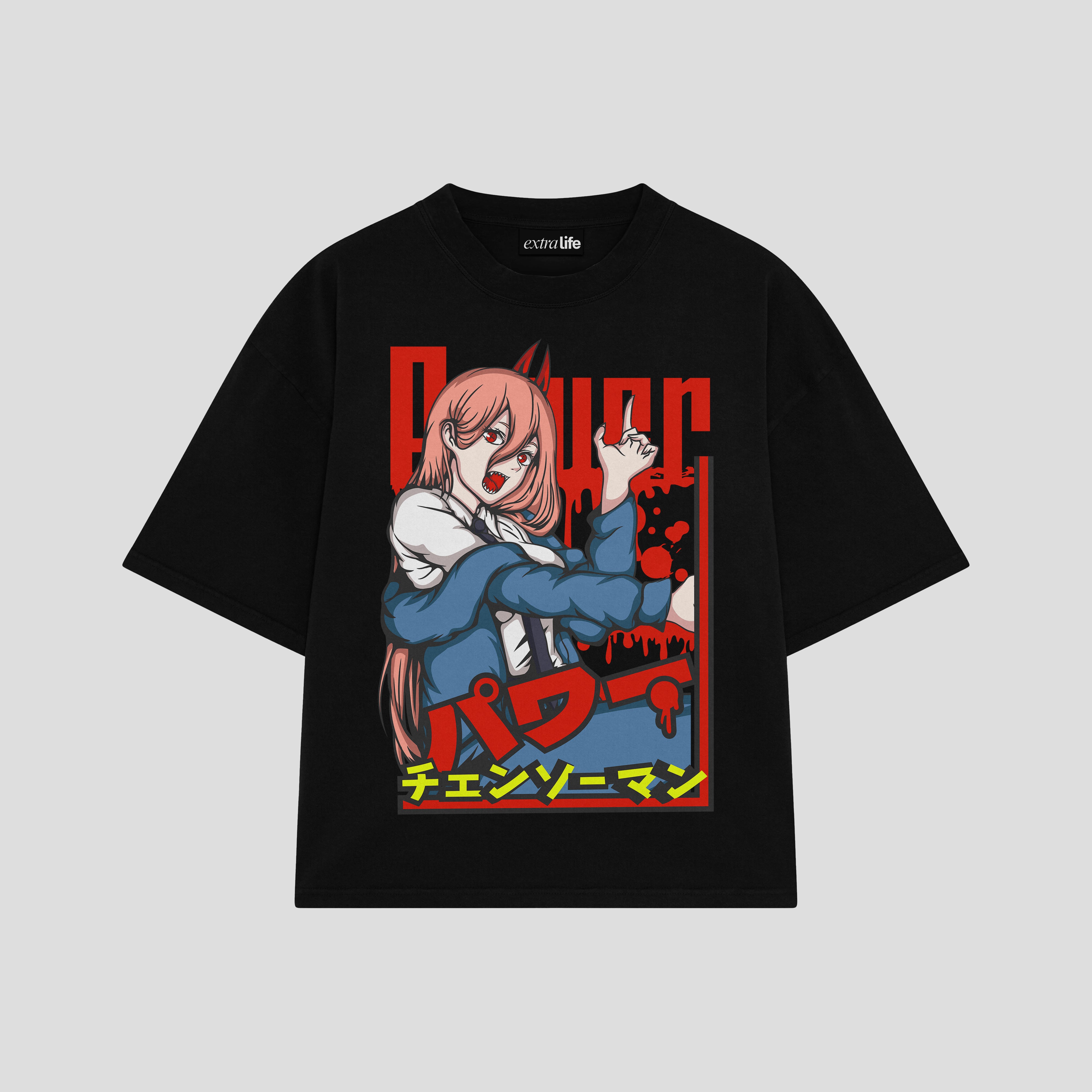 Playera streetwear premium de anime y gaming ExtraLife MX, corte boxy oversized drop shoulder heavyweight en color Deep Black y Off-White, moda urbana mexicana de culto.
