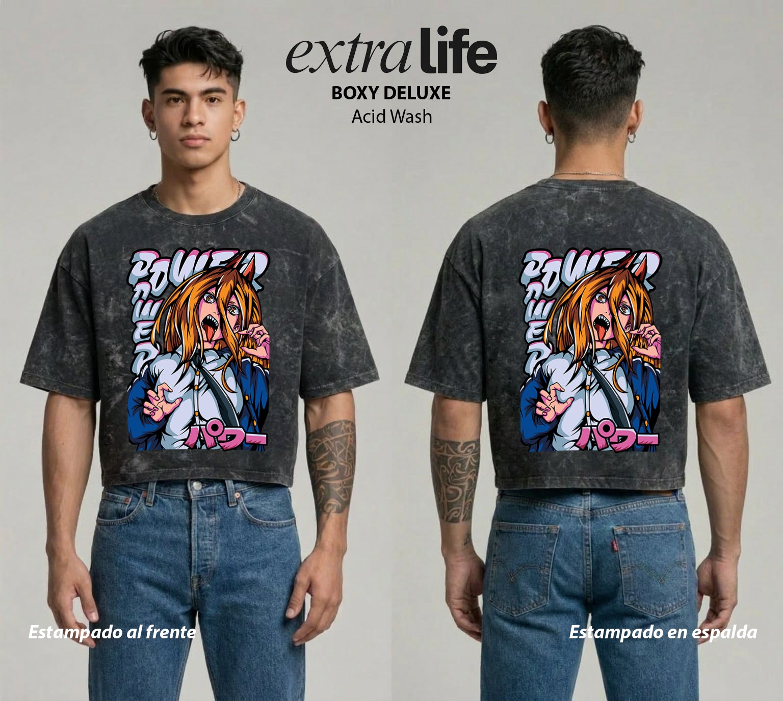 Playera streetwear premium de anime y gaming ExtraLife MX, corte boxy deluxe mineral wash heavyweight en color Acid Wash, moda urbana mexicana de culto.