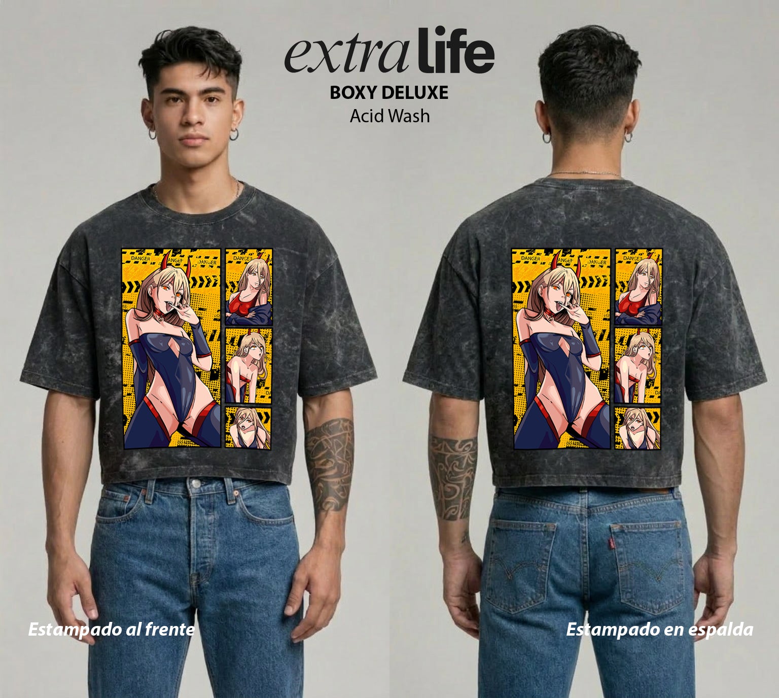 Playera streetwear premium de anime y gaming ExtraLife MX, corte boxy deluxe mineral wash heavyweight en color Acid Wash, moda urbana mexicana de culto.