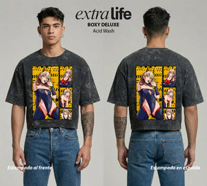 Playera streetwear premium de anime y gaming ExtraLife MX, corte boxy deluxe mineral wash heavyweight en color Acid Wash, moda urbana mexicana de culto.