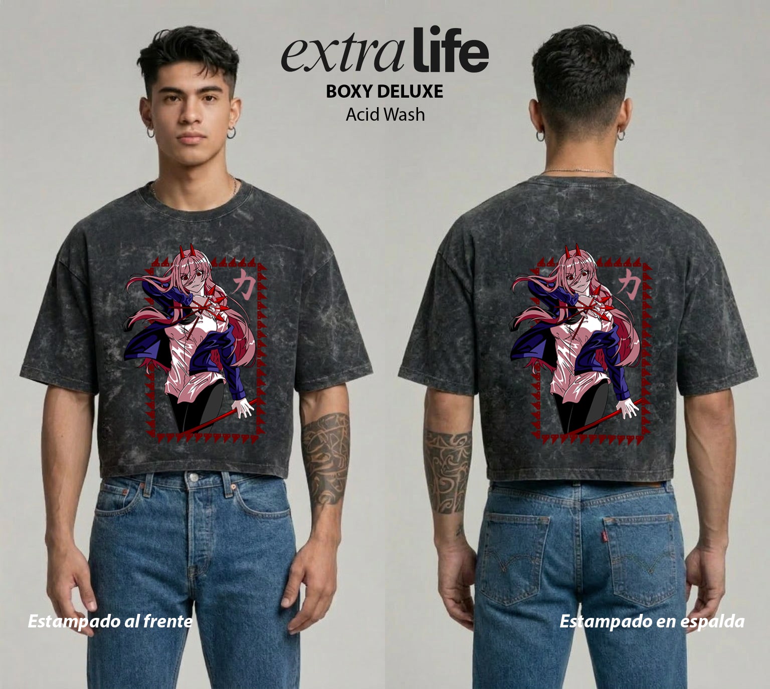 Playera streetwear premium de anime y gaming ExtraLife MX, corte boxy deluxe mineral wash heavyweight en color Acid Wash, moda urbana mexicana de culto.