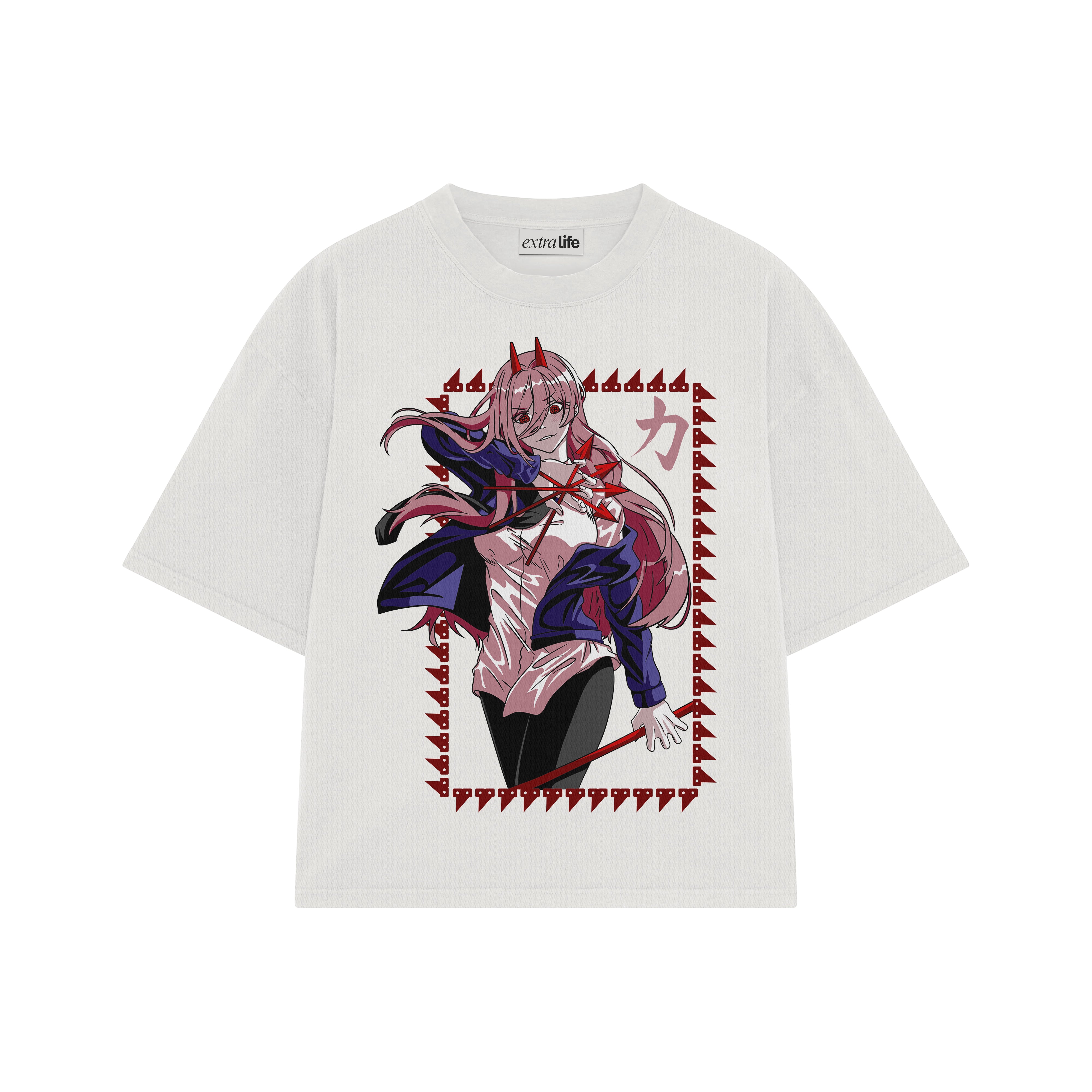 Playera streetwear premium de anime y gaming ExtraLife MX, corte boxy oversized drop shoulder heavyweight en color Deep Black y Off-White, moda urbana mexicana de culto.