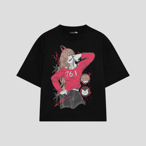 Playera streetwear premium de anime y gaming ExtraLife MX, corte boxy oversized drop shoulder heavyweight en color Deep Black y Off-White, moda urbana mexicana de culto.