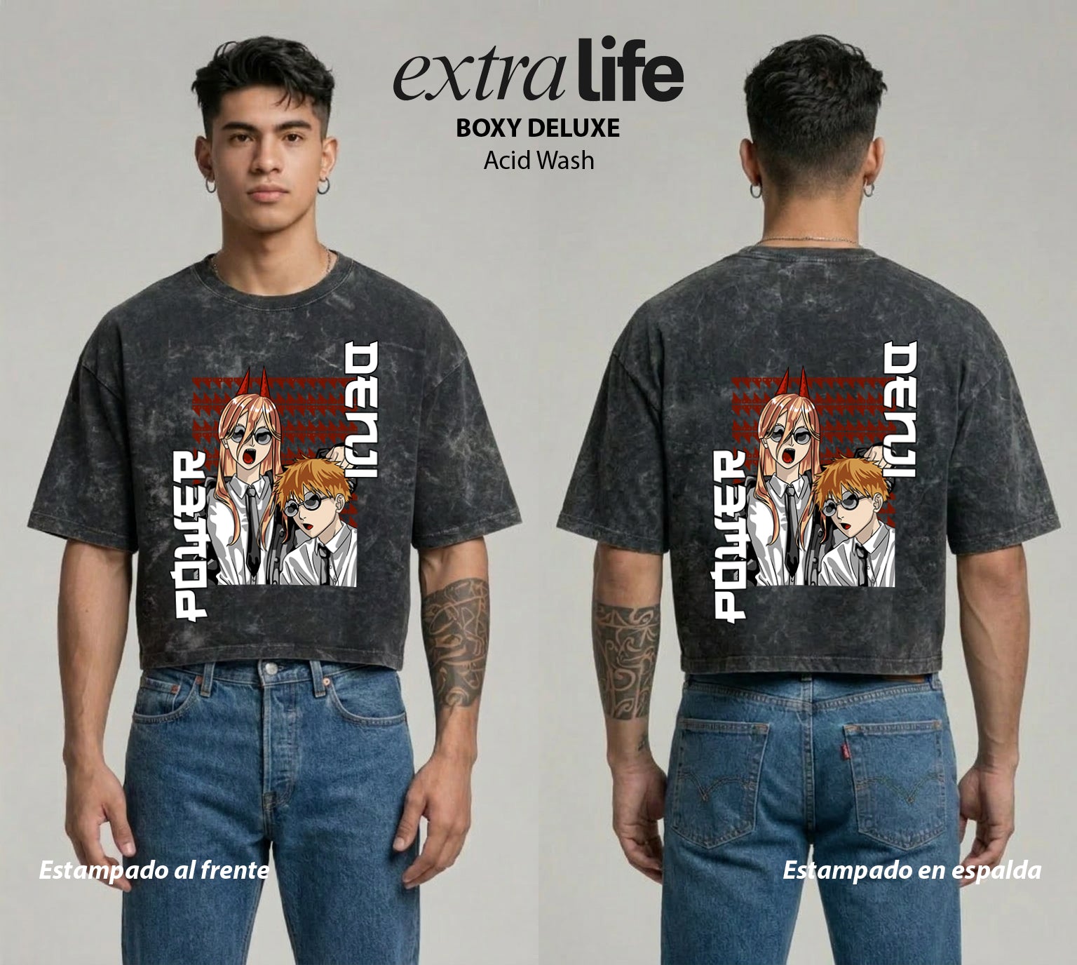Playera streetwear premium de anime y gaming ExtraLife MX, corte boxy deluxe mineral wash heavyweight en color Acid Wash, moda urbana mexicana de culto.