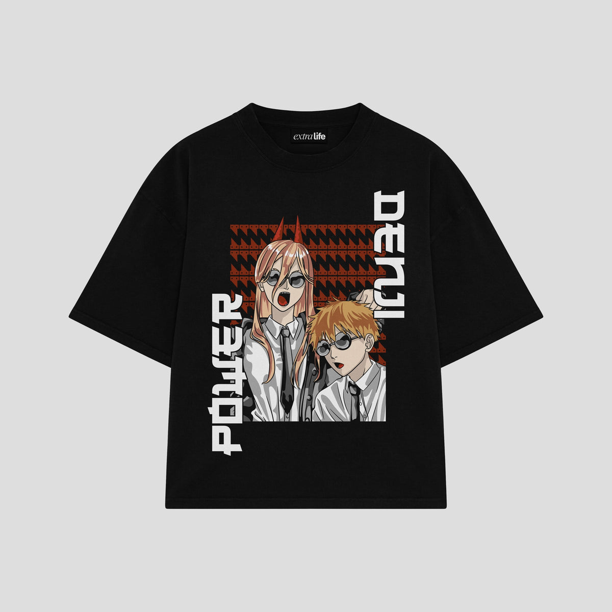 Playera streetwear premium de anime y gaming ExtraLife MX, corte oversized drop shoulder ligero y fresco en color Deep Black y Off-White, moda urbana mexicana de culto.