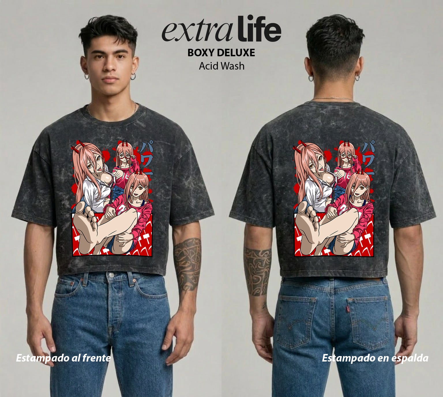 Playera streetwear premium de anime y gaming ExtraLife MX, corte boxy deluxe mineral wash heavyweight en color Acid Wash, moda urbana mexicana de culto.