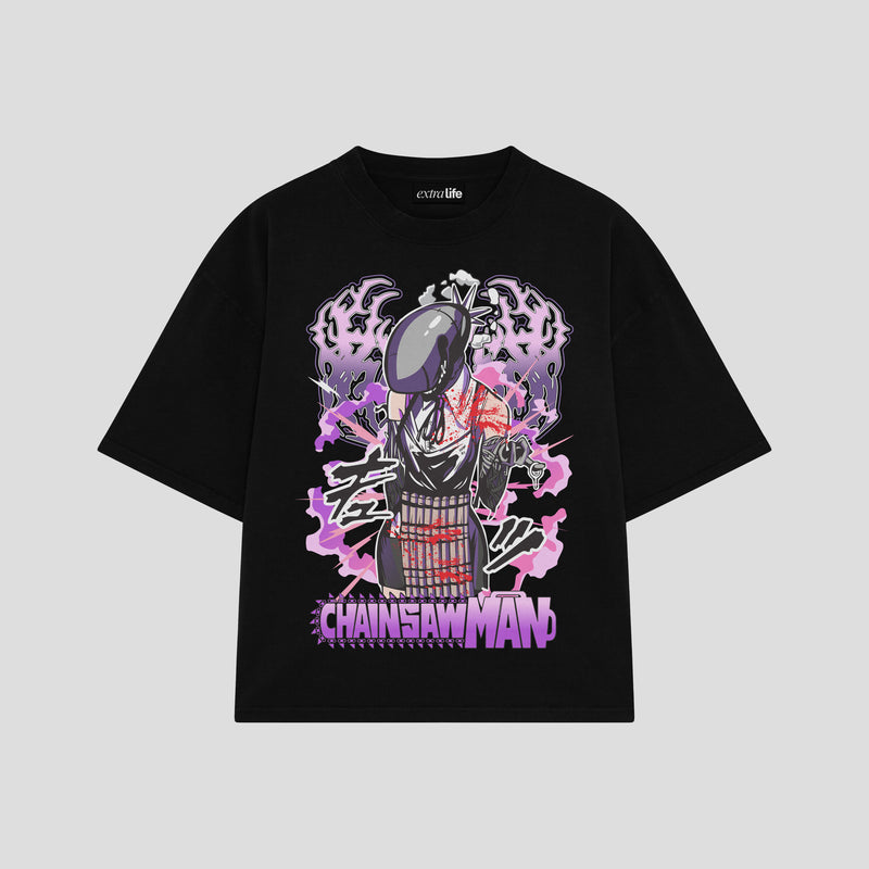 Playera streetwear premium de anime y gaming ExtraLife MX, corte boxy oversized drop shoulder heavyweight en color Deep Black y Off-White, moda urbana mexicana de culto.