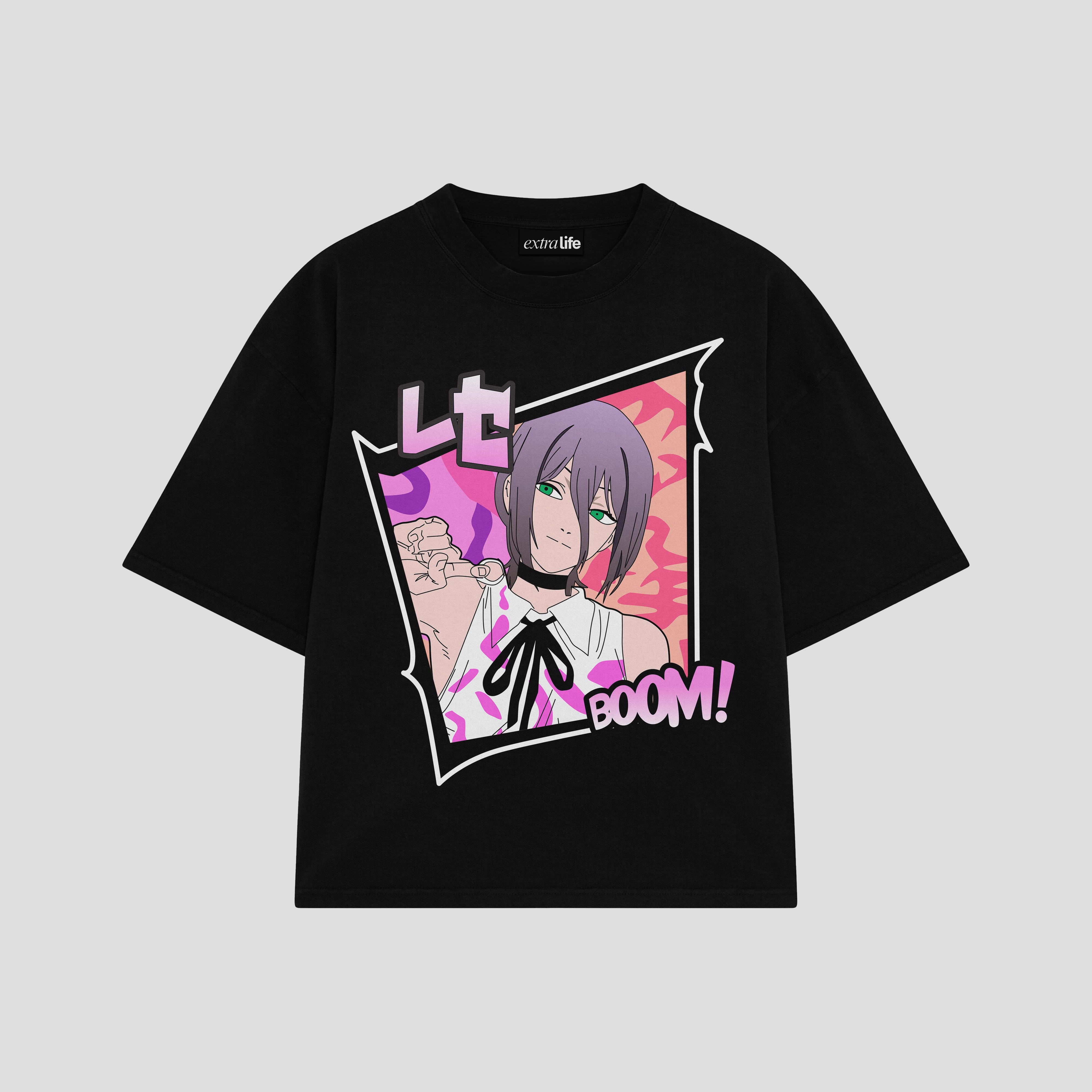 Playera streetwear premium de anime y gaming ExtraLife MX, corte boxy oversized drop shoulder heavyweight en color Deep Black y Off-White, moda urbana mexicana de culto.