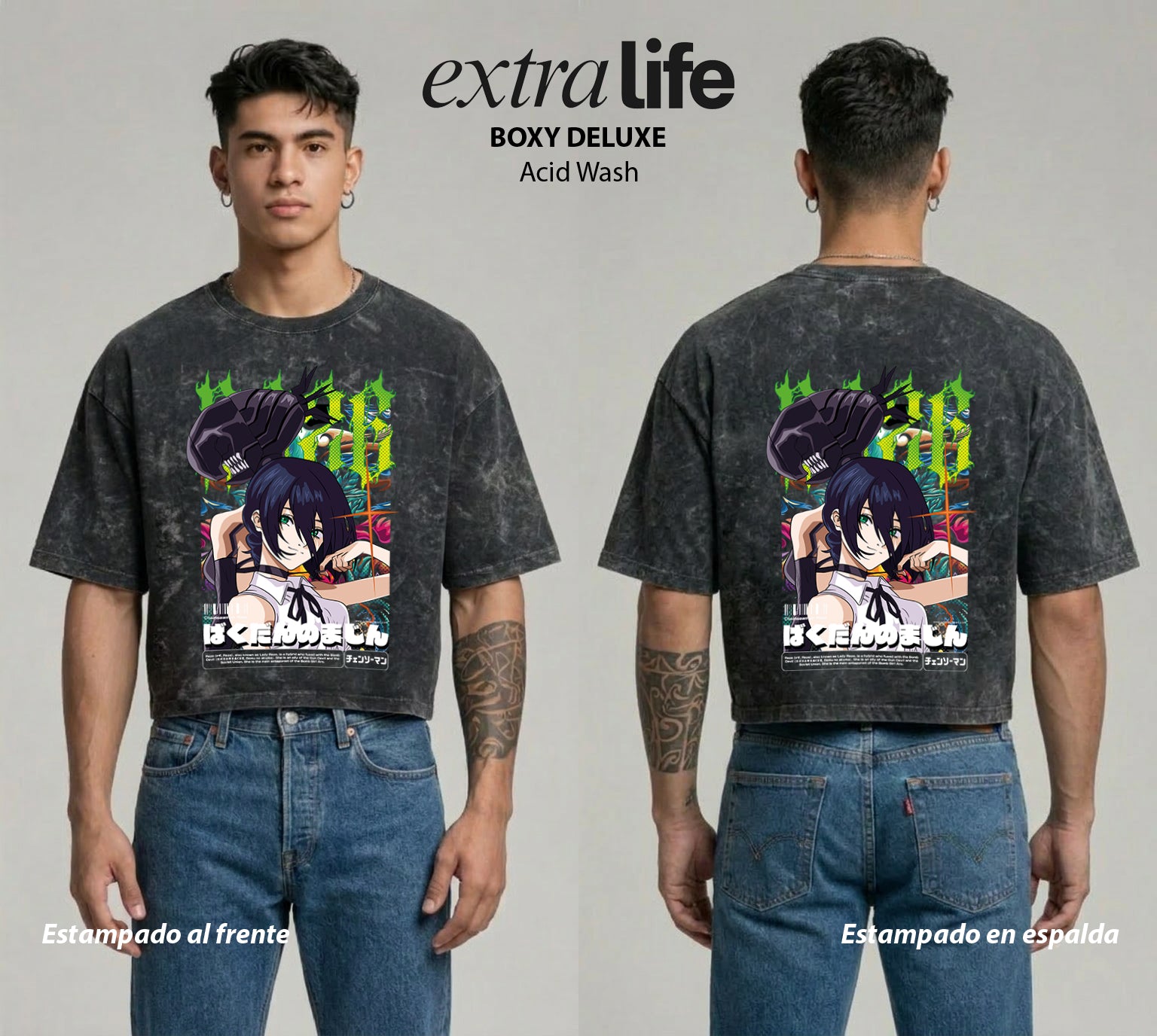 Playera streetwear premium de anime y gaming ExtraLife MX, corte boxy deluxe mineral wash heavyweight en color Acid Wash, moda urbana mexicana de culto.