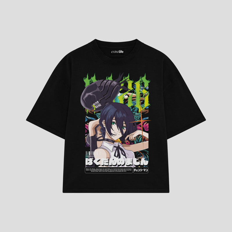 Playera streetwear premium de anime y gaming ExtraLife MX, corte boxy oversized drop shoulder heavyweight en color Deep Black y Off-White, moda urbana mexicana de culto.