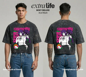 Playera streetwear premium de anime y gaming ExtraLife MX, corte boxy deluxe mineral wash heavyweight en color Acid Wash, moda urbana mexicana de culto.