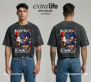 Playera streetwear premium de anime y gaming ExtraLife MX, corte boxy deluxe mineral wash heavyweight en color Acid Wash, moda urbana mexicana de culto.