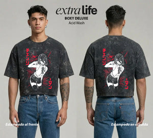 Playera streetwear premium de anime y gaming ExtraLife MX, corte boxy deluxe mineral wash heavyweight en color Acid Wash, moda urbana mexicana de culto.