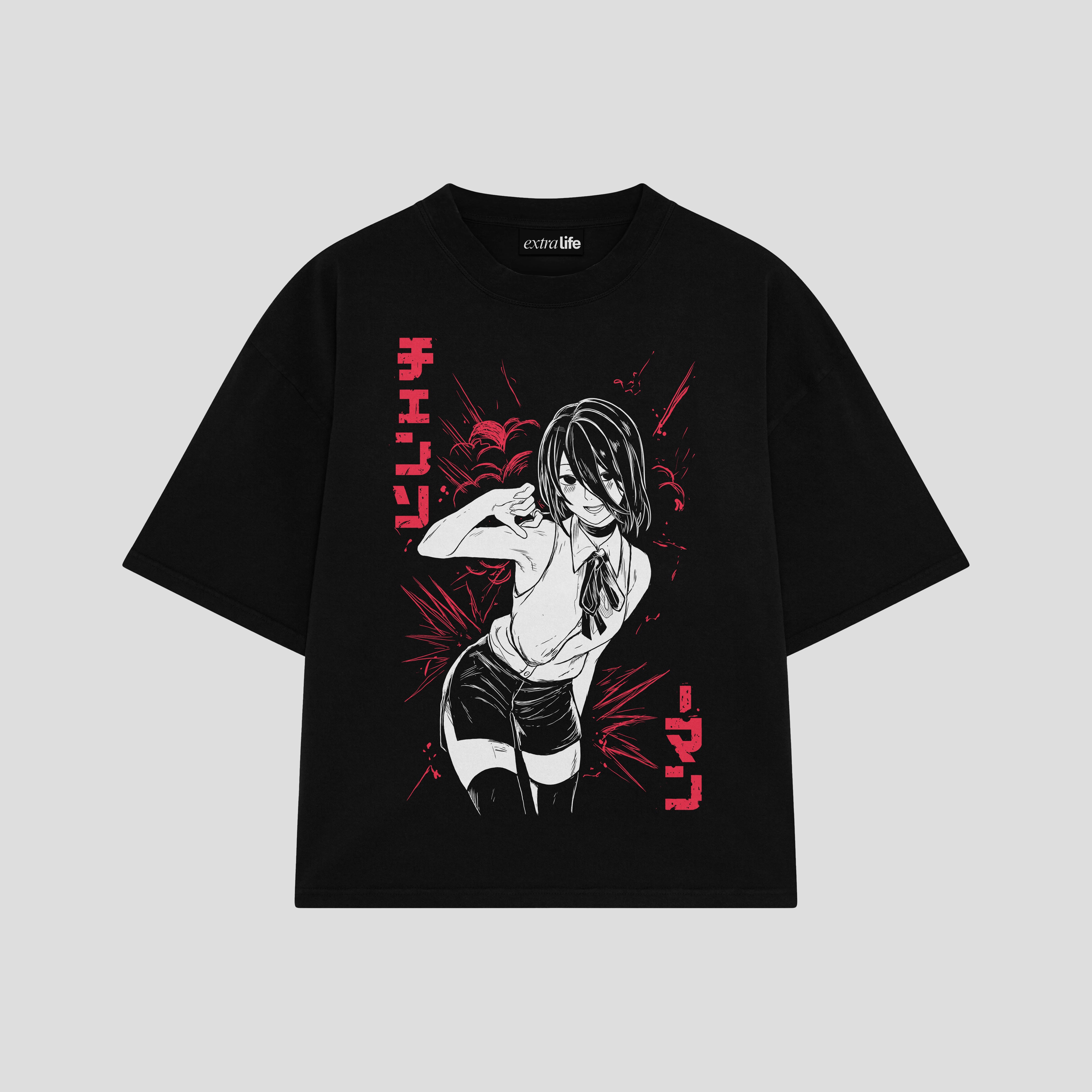 Playera streetwear premium de anime y gaming ExtraLife MX, corte boxy oversized drop shoulder heavyweight en color Deep Black y Off-White, moda urbana mexicana de culto.