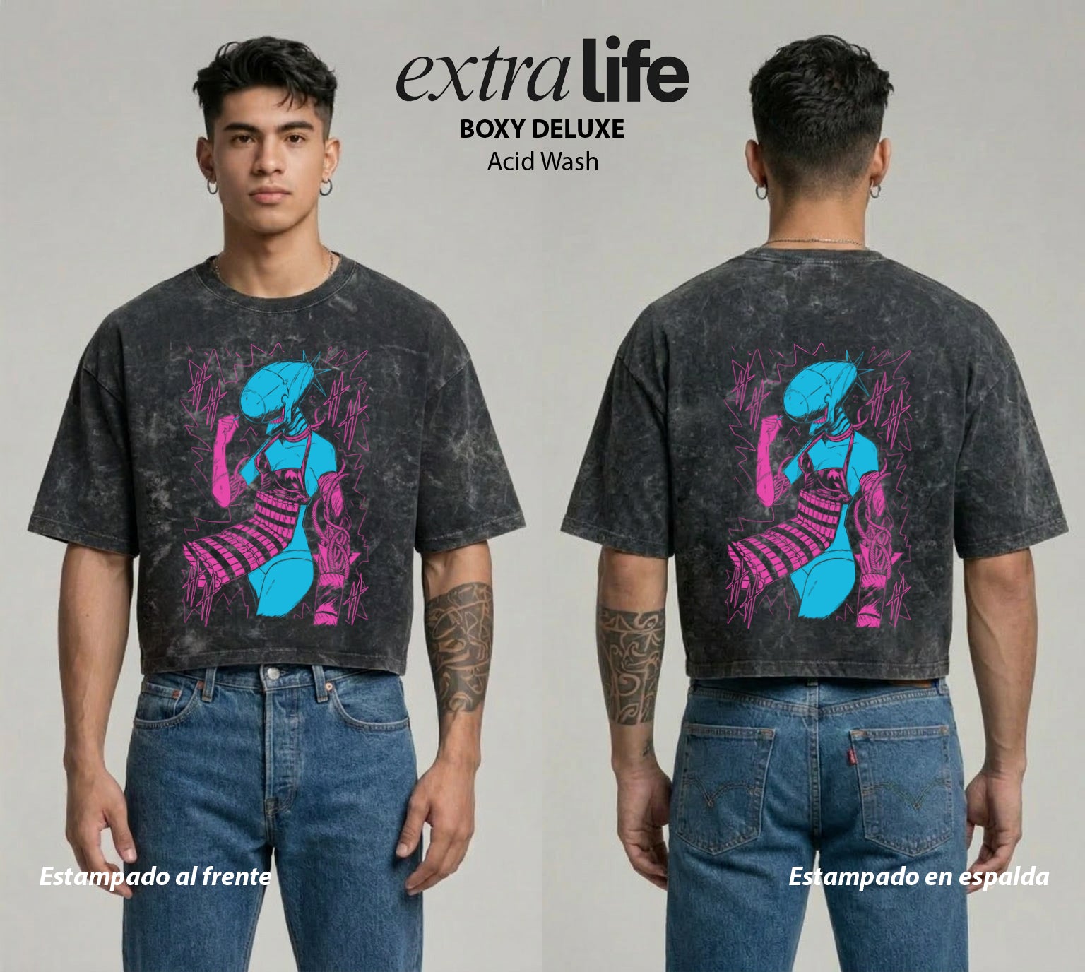 Playera streetwear premium de anime y gaming ExtraLife MX, corte boxy deluxe mineral wash heavyweight en color Acid Wash, moda urbana mexicana de culto.
