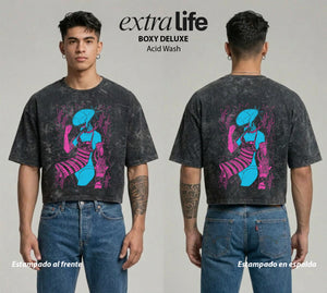 Playera streetwear premium de anime y gaming ExtraLife MX, corte boxy deluxe mineral wash heavyweight en color Acid Wash, moda urbana mexicana de culto.