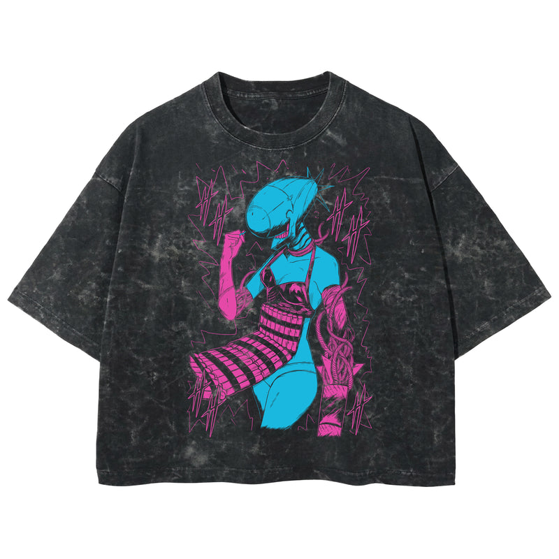Playera streetwear premium de anime y gaming ExtraLife MX, corte boxy deluxe mineral wash heavyweight en color Acid Wash, moda urbana mexicana de culto.