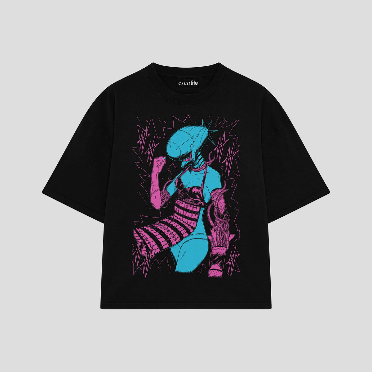 Playera streetwear premium de anime y gaming ExtraLife MX, corte oversized drop shoulder ligero y fresco en color Deep Black y Off-White, moda urbana mexicana de culto.
