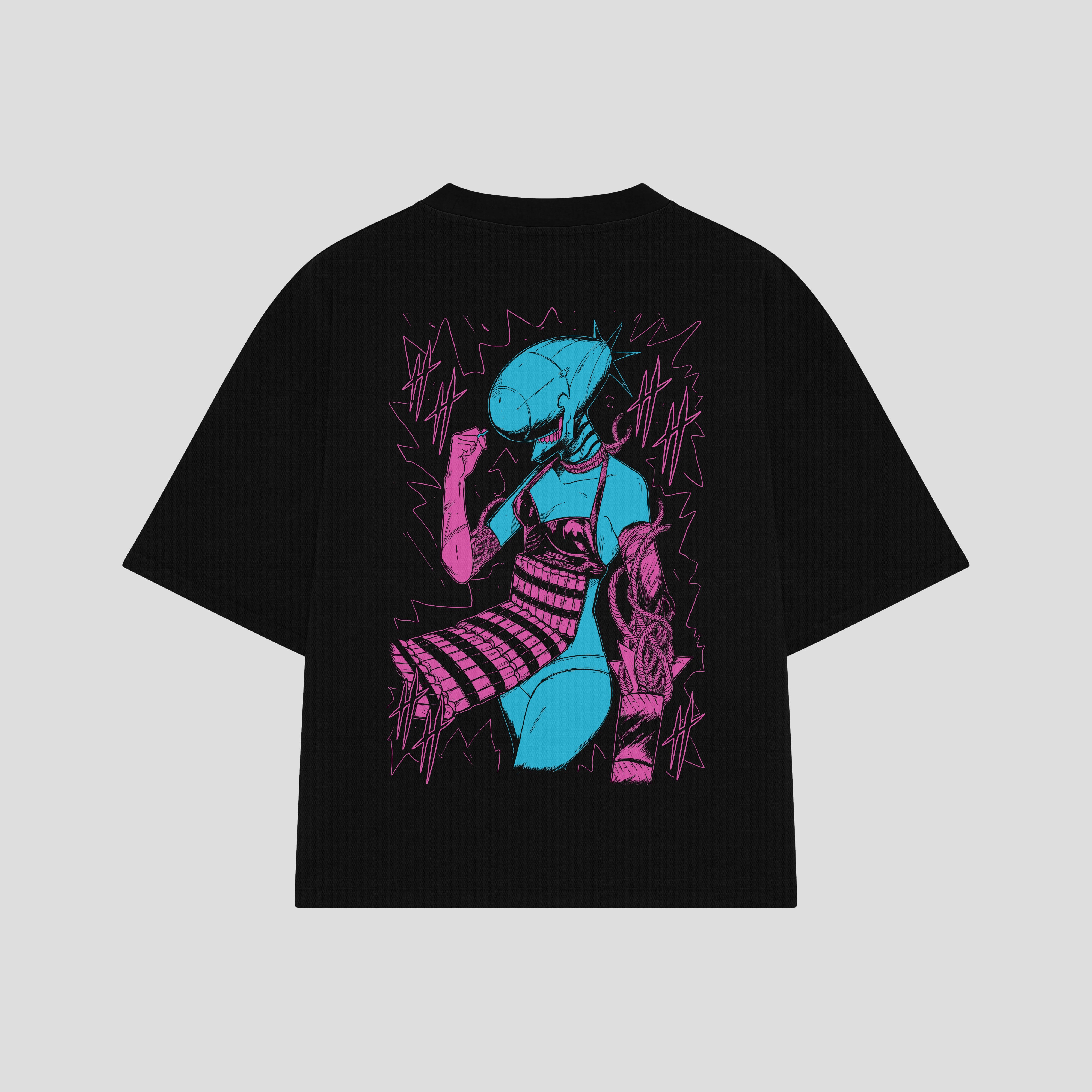 Playera streetwear premium de anime y gaming ExtraLife MX, corte boxy oversized drop shoulder heavyweight en color Deep Black y Off-White, moda urbana mexicana de culto.