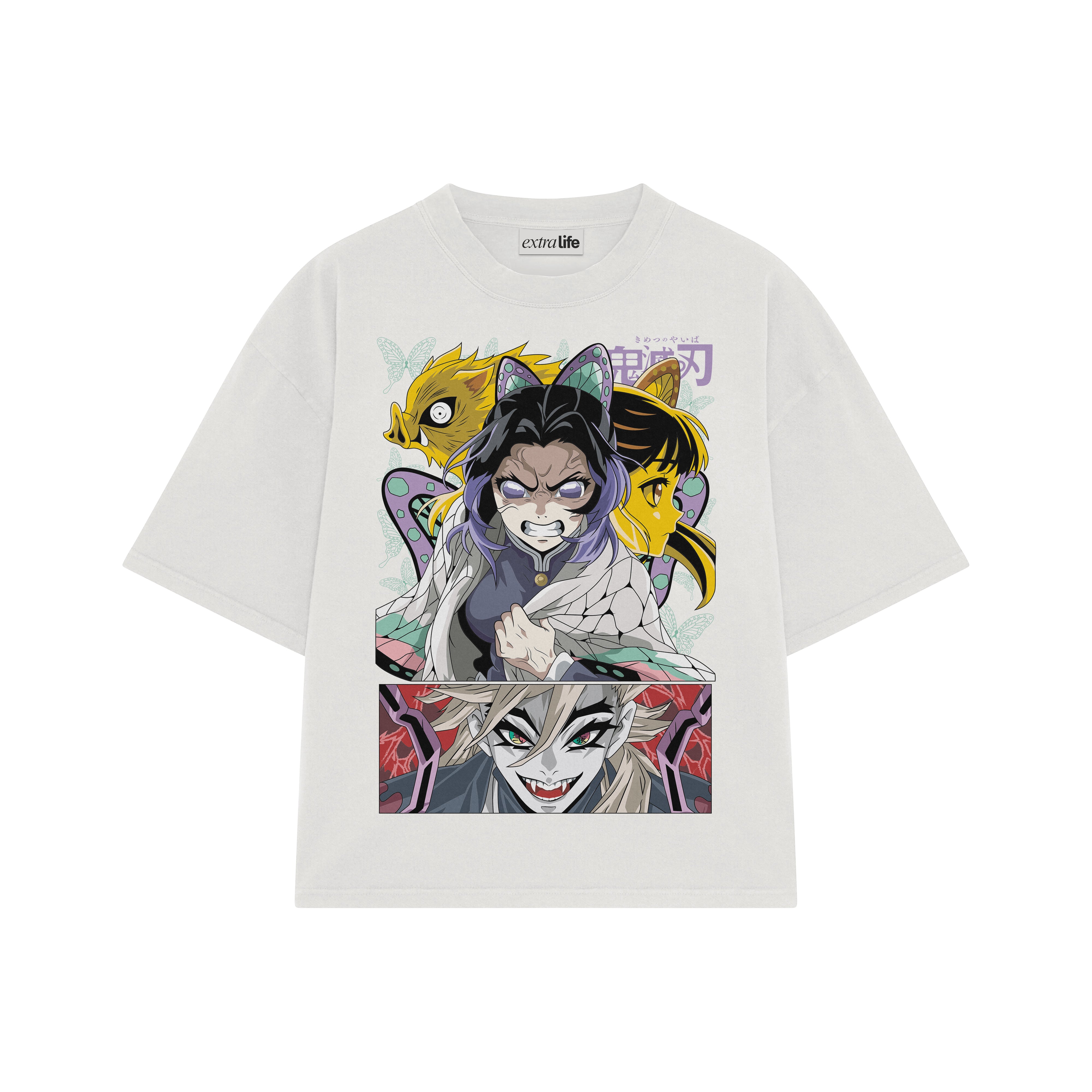 Playera streetwear premium de anime y gaming ExtraLife MX, corte boxy oversized drop shoulder heavyweight en color Deep Black y Off-White, moda urbana mexicana de culto.
