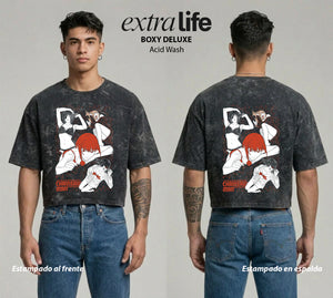 Playera streetwear premium de anime y gaming ExtraLife MX, corte boxy deluxe mineral wash heavyweight en color Acid Wash, moda urbana mexicana de culto.