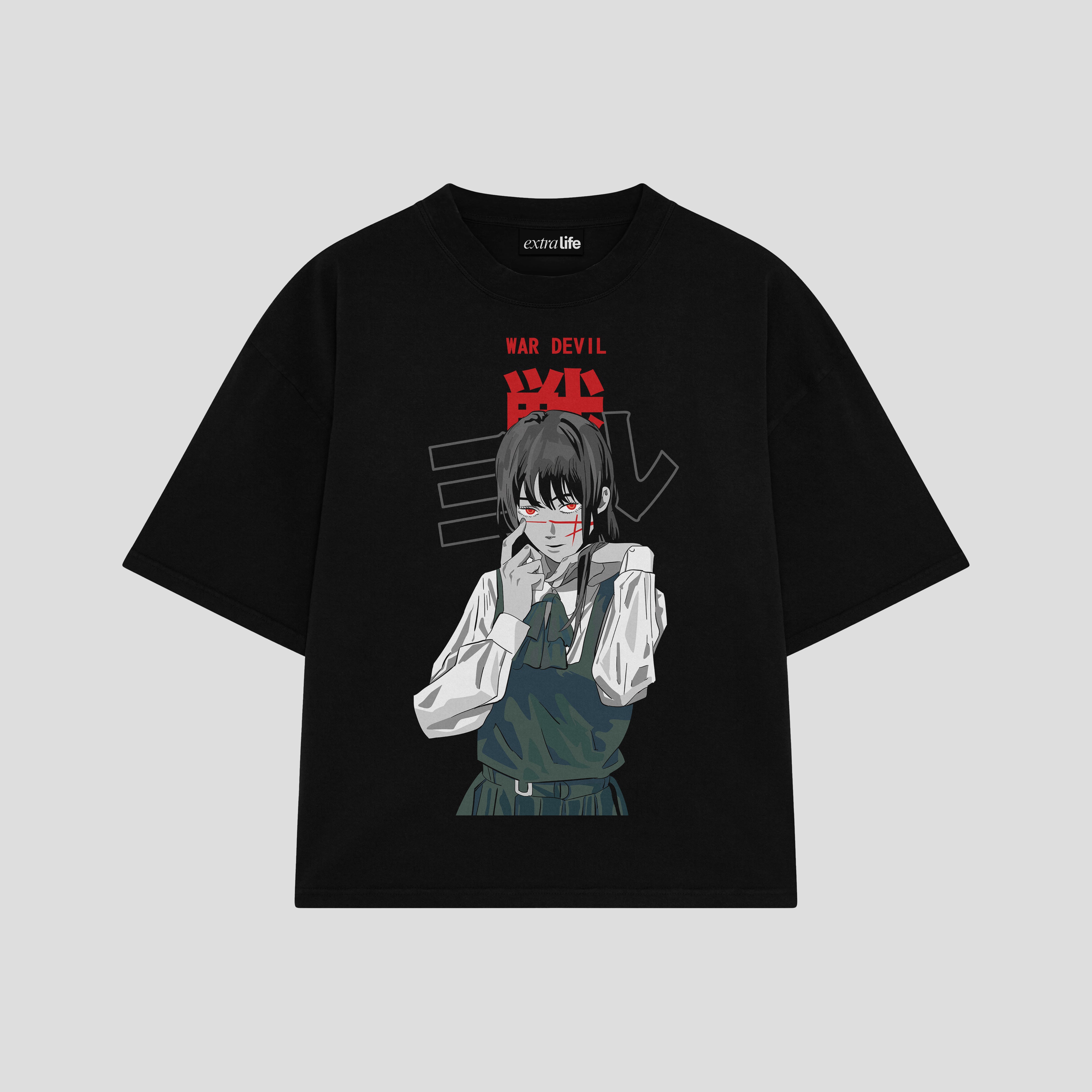 Playera streetwear premium de anime y gaming ExtraLife MX, corte boxy oversized drop shoulder heavyweight en color Deep Black y Off-White, moda urbana mexicana de culto.