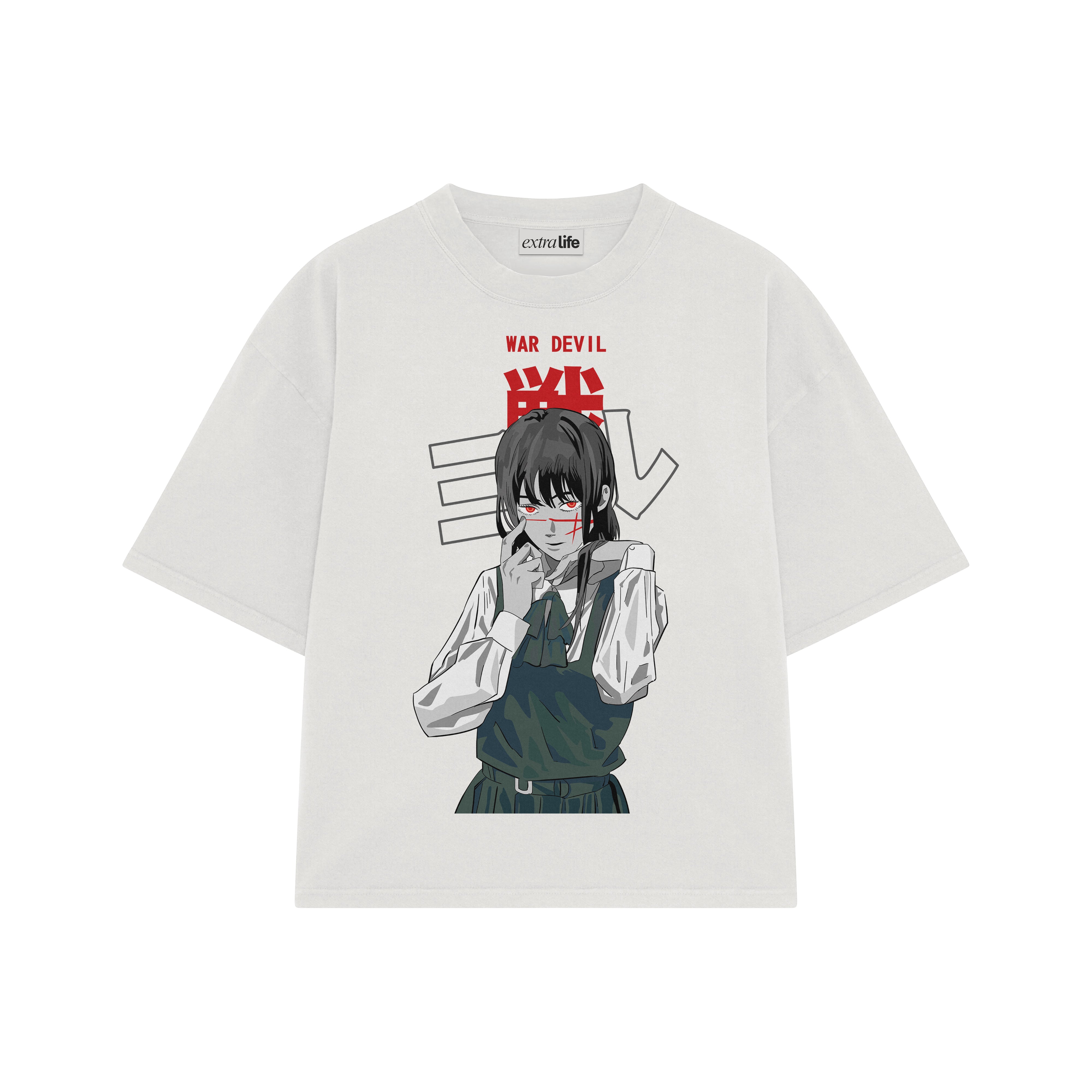 Playera streetwear premium de anime y gaming ExtraLife MX, corte boxy oversized drop shoulder heavyweight en color Deep Black y Off-White, moda urbana mexicana de culto.