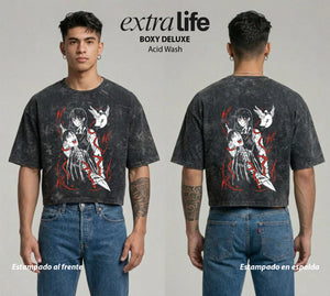 Playera streetwear premium de anime y gaming ExtraLife MX, corte boxy deluxe mineral wash heavyweight en color Acid Wash, moda urbana mexicana de culto.