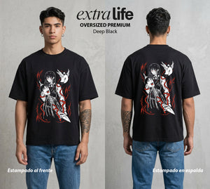 El Contrato Infernal | La Diablo de la Guerra #00498 - Playera Oversized Premium | Deep Black - Foto en modelo