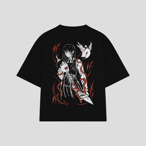 Playera streetwear premium de anime y gaming ExtraLife MX, corte boxy oversized drop shoulder heavyweight en color Deep Black y Off-White, moda urbana mexicana de culto.