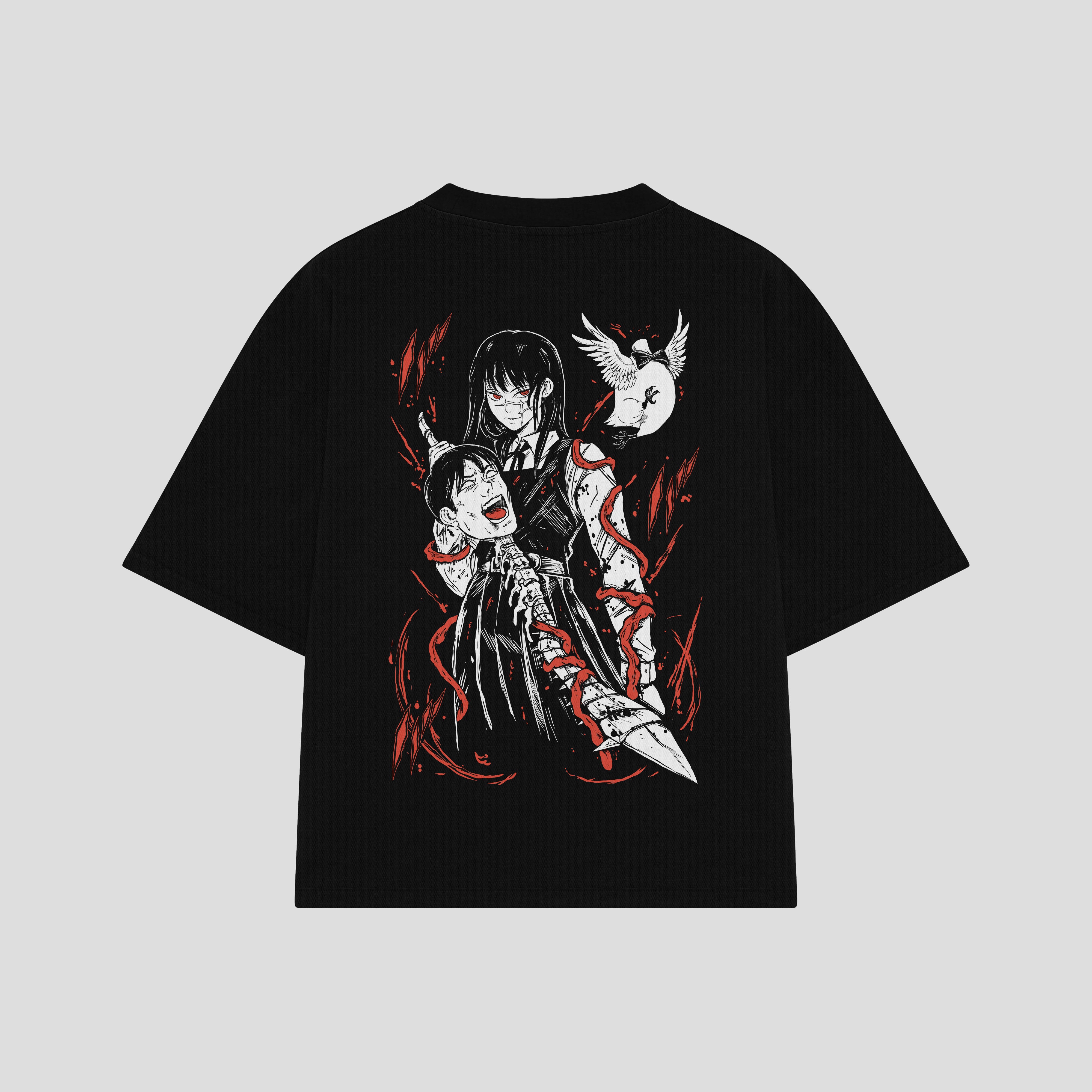 Playera streetwear premium de anime y gaming ExtraLife MX, corte boxy oversized drop shoulder heavyweight en color Deep Black y Off-White, moda urbana mexicana de culto.