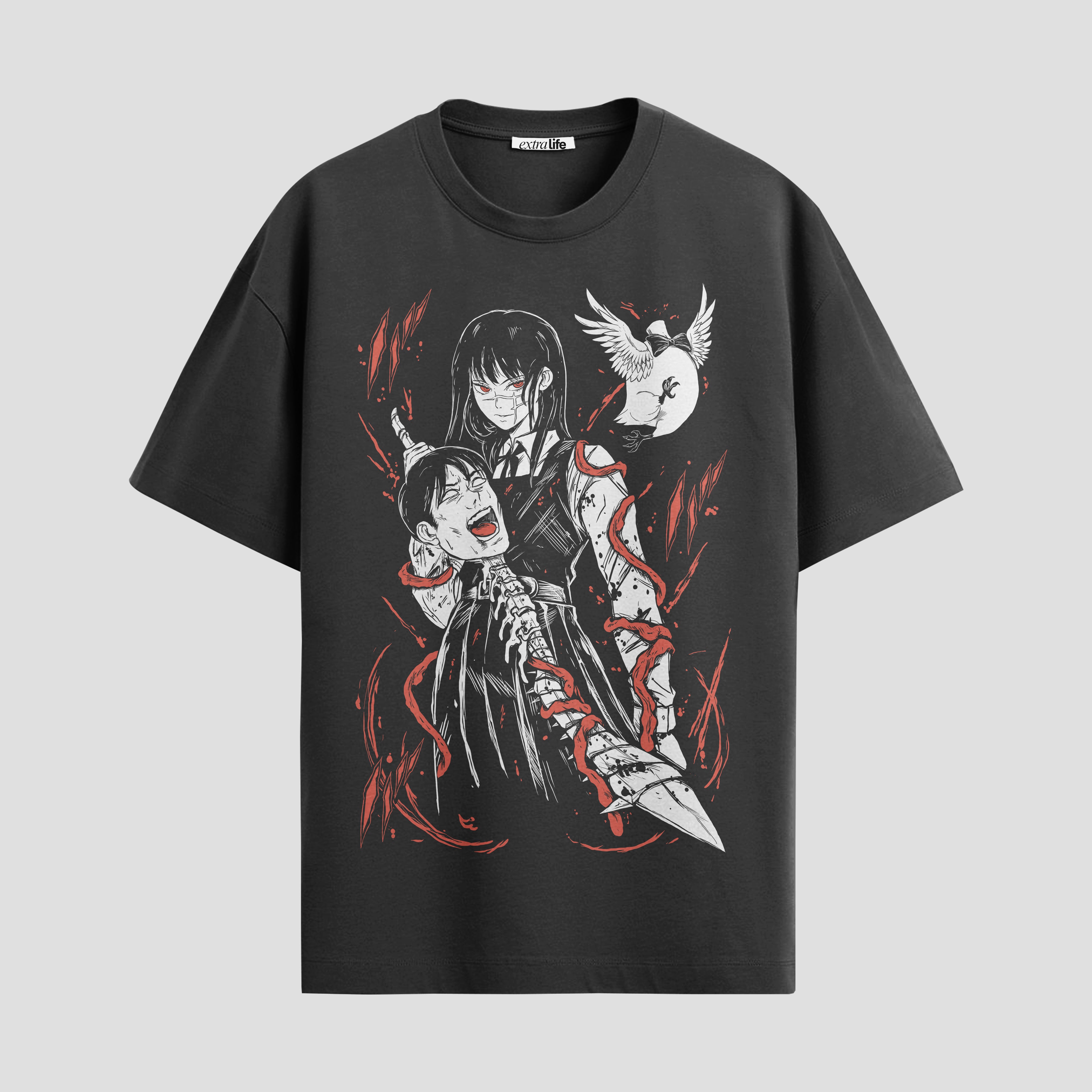 Playera urbana de anime y gaming ExtraLife MX, corte Standard Fit unisex ligero y transpirable en color Deep Black y Pure White, ropa de uso diario para gym y casual.