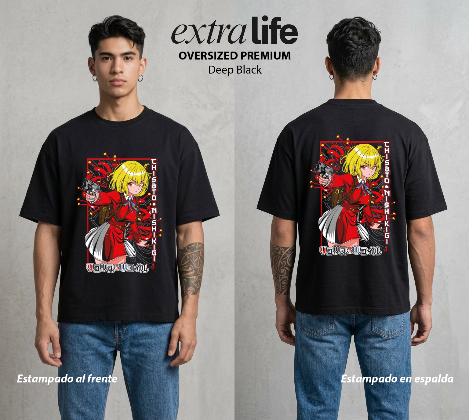 Las Guardianas Florales | La Sonrisa del Gatillo #00503 - Playera Oversized Premium | Deep Black - Foto en modelo
