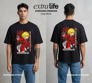 Las Guardianas Florales | La Sonrisa del Gatillo #00503 - Playera Oversized Premium | Deep Black - Foto en modelo