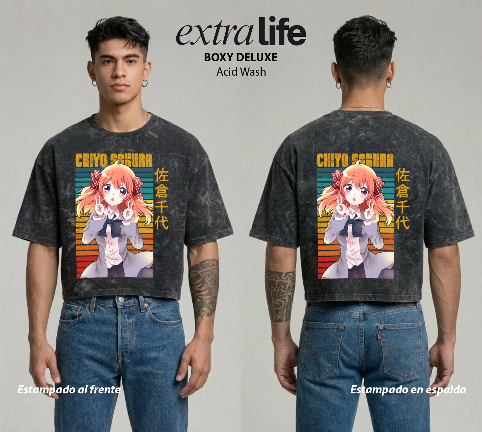Playera streetwear premium de anime y gaming ExtraLife MX, corte boxy deluxe mineral wash heavyweight en color Acid Wash, moda urbana mexicana de culto.