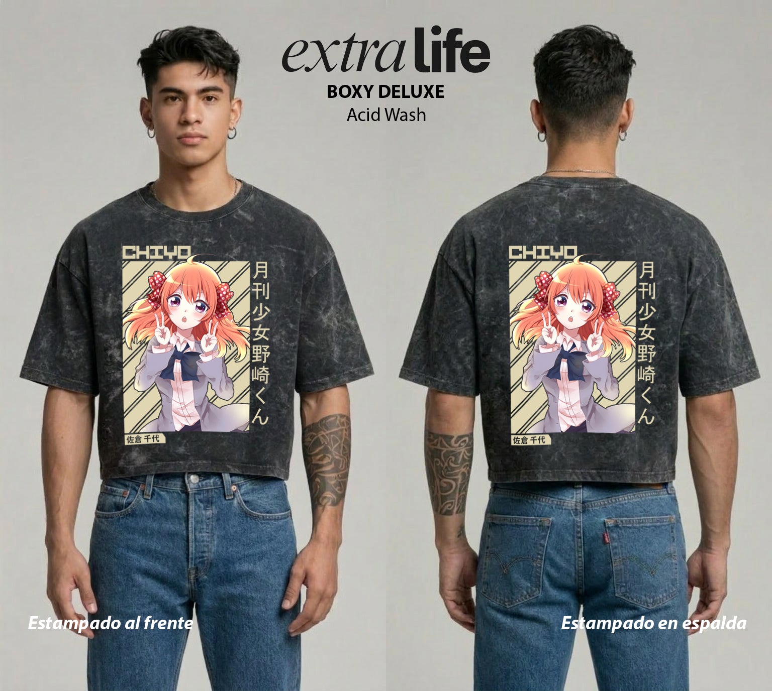 Playera streetwear premium de anime y gaming ExtraLife MX, corte boxy deluxe mineral wash heavyweight en color Acid Wash, moda urbana mexicana de culto.