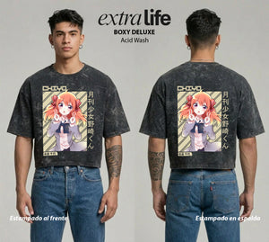 Playera streetwear premium de anime y gaming ExtraLife MX, corte boxy deluxe mineral wash heavyweight en color Acid Wash, moda urbana mexicana de culto.