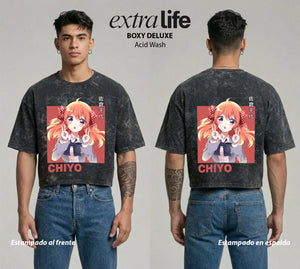 Playera streetwear premium de anime y gaming ExtraLife MX, corte boxy deluxe mineral wash heavyweight en color Acid Wash, moda urbana mexicana de culto.