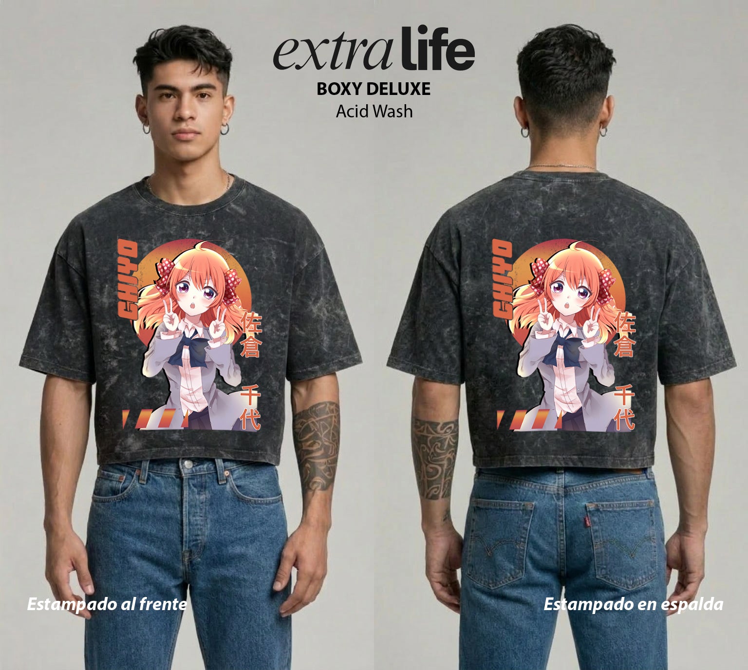 Playera streetwear premium de anime y gaming ExtraLife MX, corte boxy deluxe mineral wash heavyweight en color Acid Wash, moda urbana mexicana de culto.