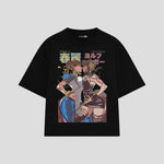 Playera streetwear premium de anime y gaming ExtraLife MX, corte boxy oversized drop shoulder heavyweight en color Deep Black y Off-White, moda urbana mexicana de culto.