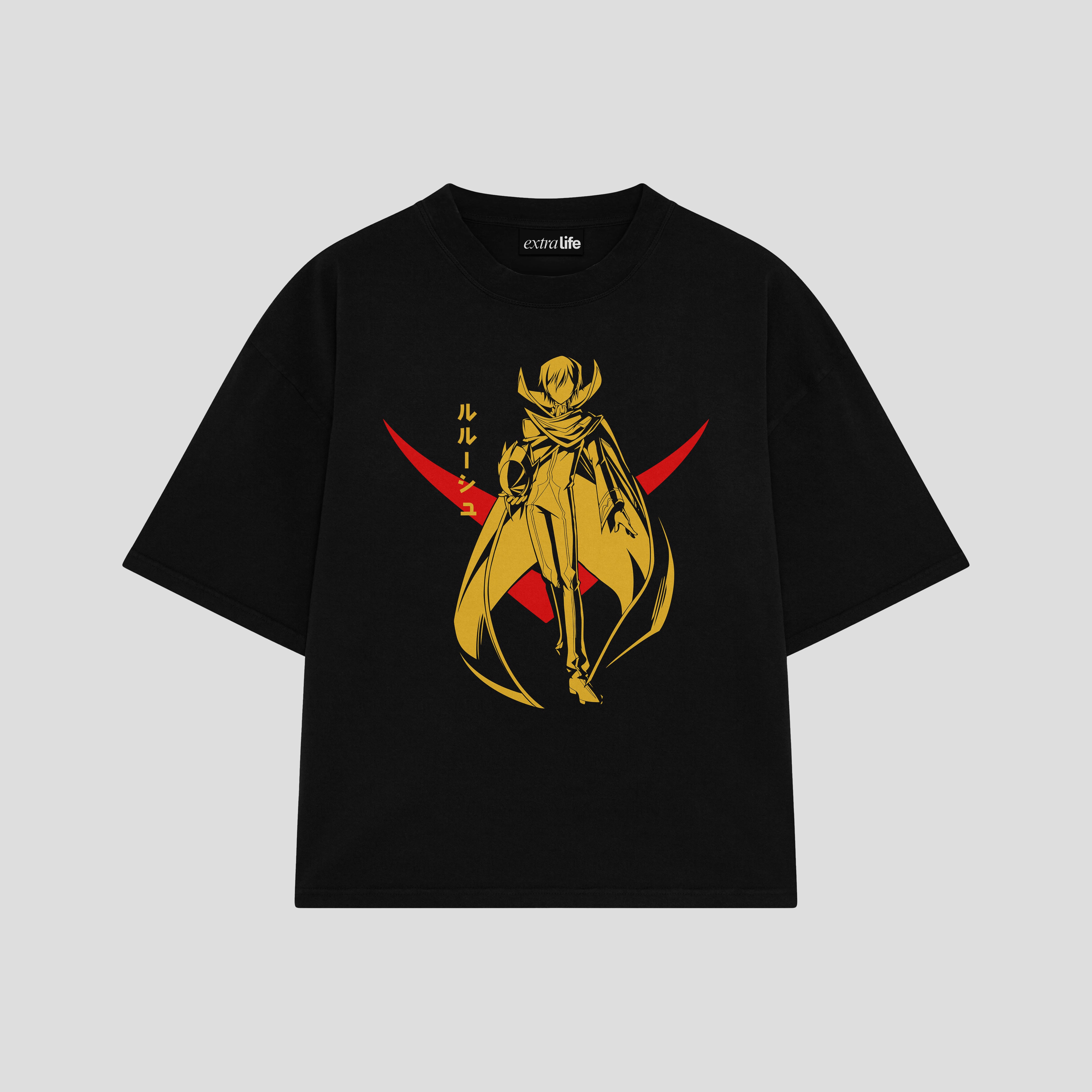 Playera streetwear premium de anime y gaming ExtraLife MX, corte boxy oversized drop shoulder heavyweight en color Deep Black y Off-White, moda urbana mexicana de culto.
