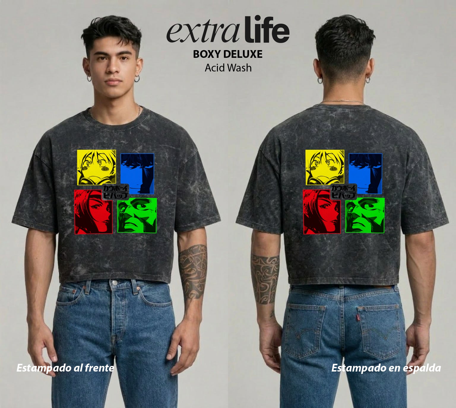 Playera streetwear premium de anime y gaming ExtraLife MX, corte boxy deluxe mineral wash heavyweight en color Acid Wash, moda urbana mexicana de culto.