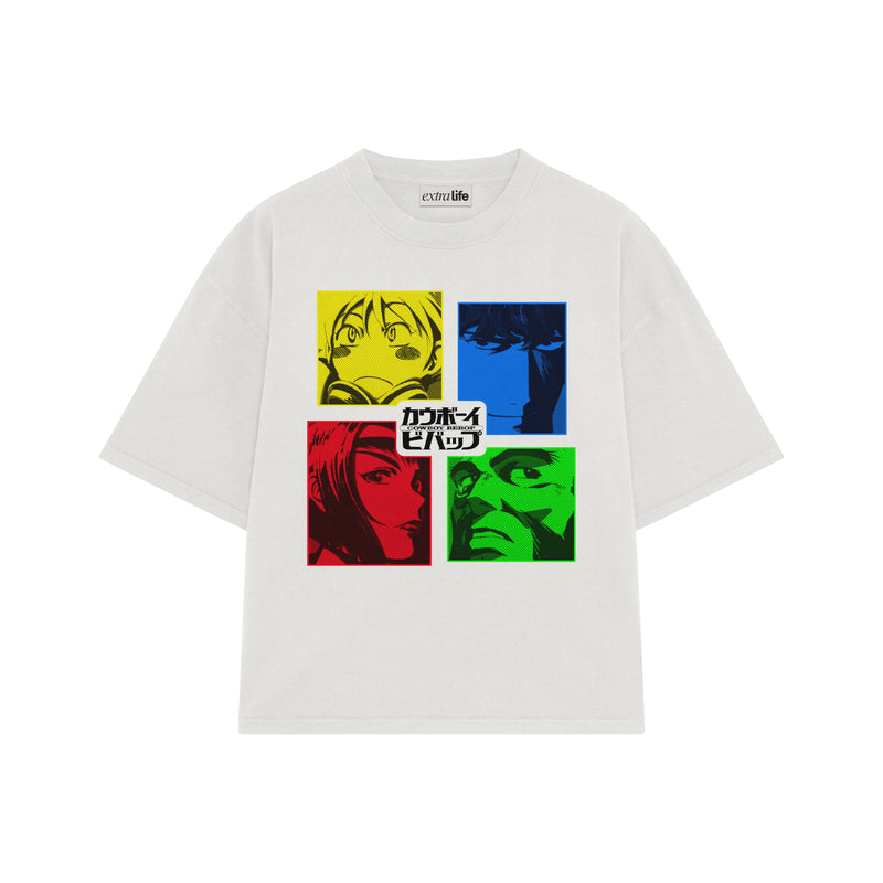 Playera streetwear premium de anime y gaming ExtraLife MX, corte boxy oversized drop shoulder heavyweight en color Deep Black y Off-White, moda urbana mexicana de culto.