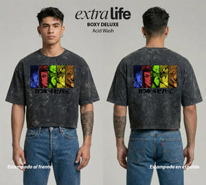 Playera streetwear premium de anime y gaming ExtraLife MX, corte boxy deluxe mineral wash heavyweight en color Acid Wash, moda urbana mexicana de culto.